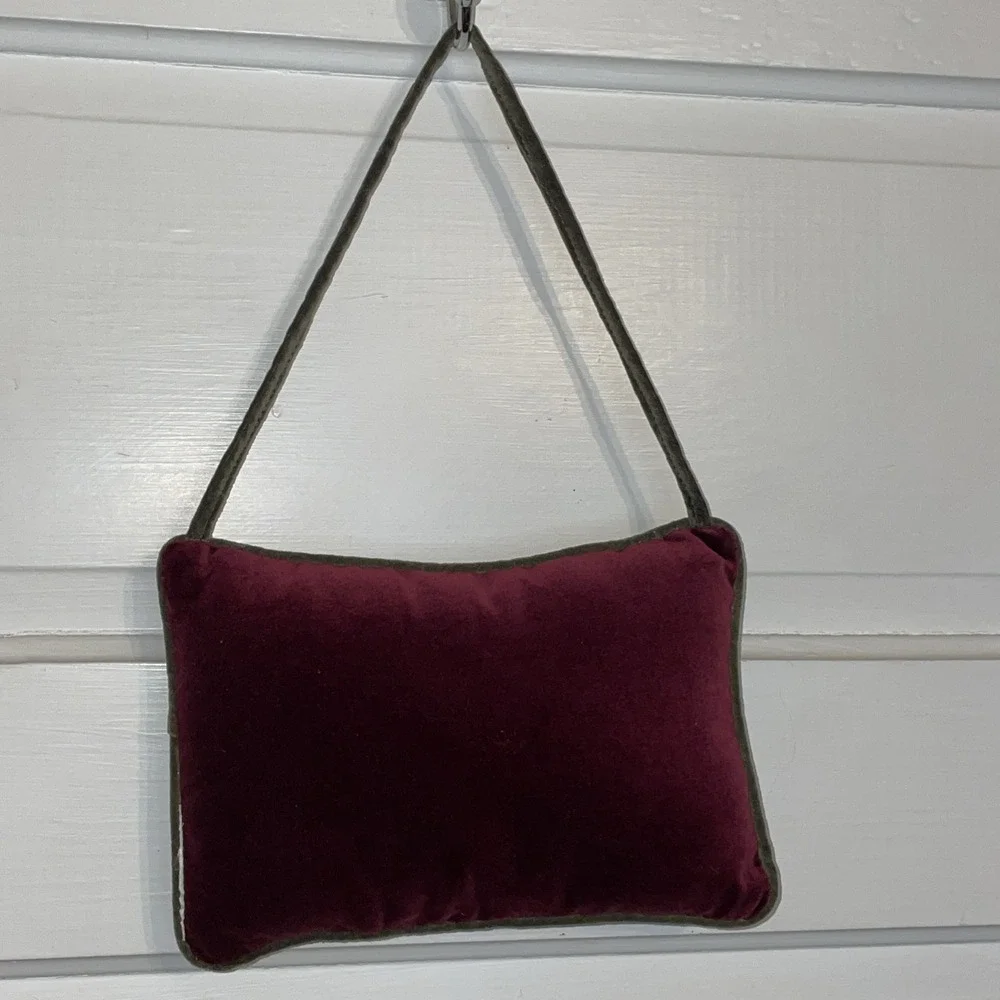Vintage Maroon Velvet Ribbon Embroidery Rectangle Pillow Doves Hang Handle Strap